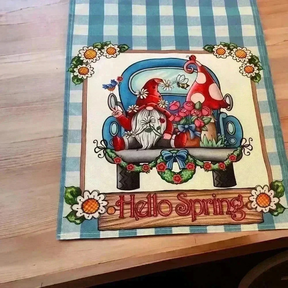 Seliem Hello Spring Gnome Truck Table Runner, Buffalo Plaid Check 13’’ By 72” - Picture 4 of 5